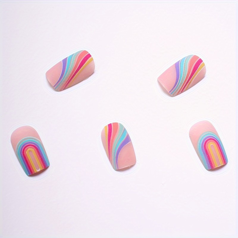 24pcs Set of Chic Rainbow Stripe Press-On Nails - Matte Finish, Long Square Shape for Women & Girls