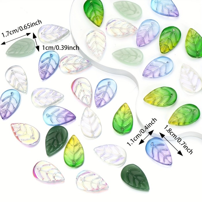50pcs Vibrant Glass Leaf Beads with AB Coating - Mixed Green Shades for Jewelry Making, DIY Necklace and Earring Pendants Crafting, Perfect for Accessories and Fashion Designers
