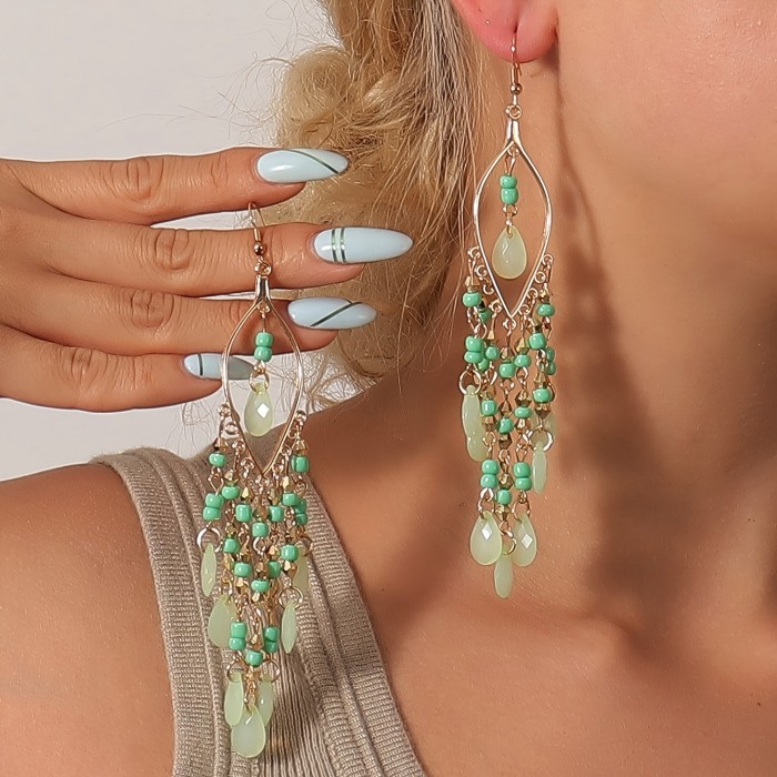 Hollow Leaf Shape Colorful Droplet Glass Tassel Dangle Earrings Bohemian Vocation Style Alloy Jewelry Trendy Holiday Earrings