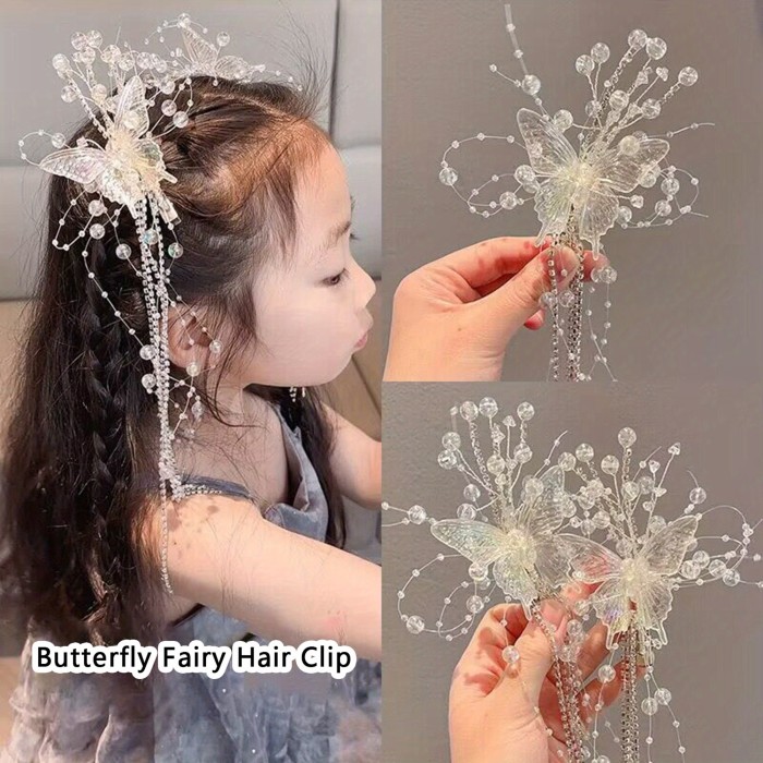 1pc Butterfly Fairy Hair Clip with Pearl Rhinestone Tassels, Plastic Decorative Side Hair Accessory for Styling and Party Wear, Party Hair Decor|Butterfly Motif|Rhinestone Embellishments