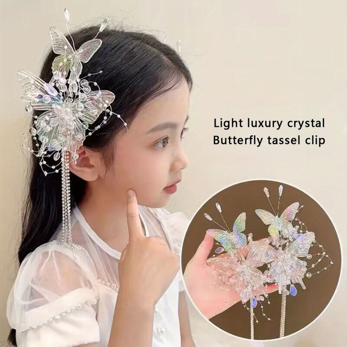 1pc Butterfly Fairy Hair Clip with Pearl Rhinestone Tassels, Plastic Decorative Side Hair Accessory for Styling and Party Wear, Party Hair Decor|Butterfly Motif|Rhinestone Embellishments