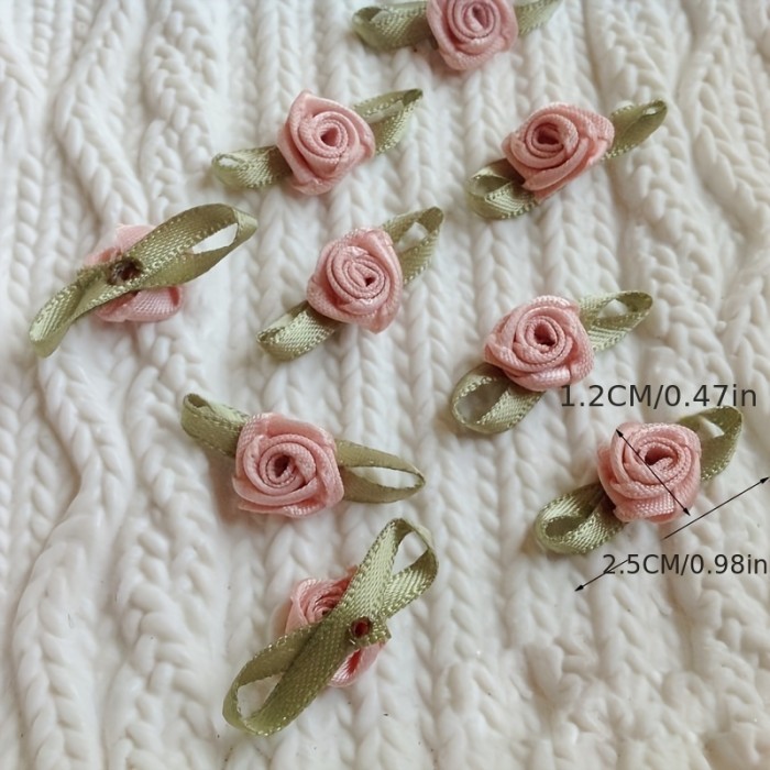 100pcs Handmade Ribbon Flower DIY Polyester Small Flower Rose Three-dimensional Flower Cloth Stickers Clothing Headwear Lingerie Sewing Accessories