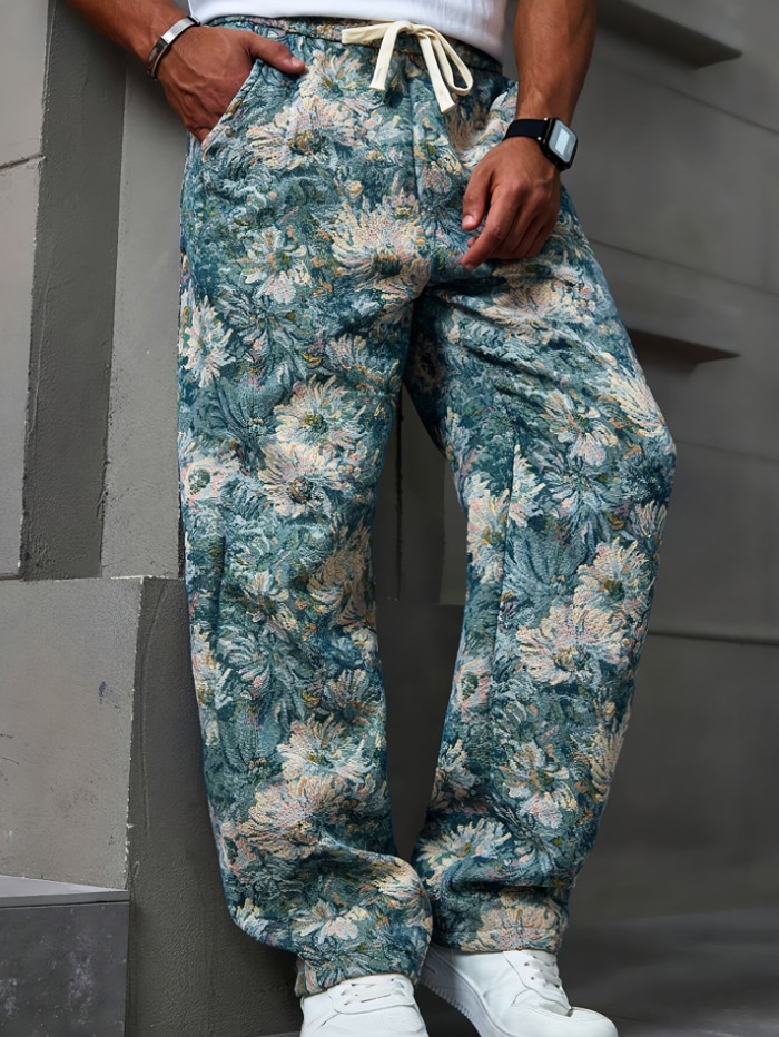 Men's Casual Long Pants With Fresh Chamomile Floral Print, Drawstring Waistband, Ideal For All Seasons And Daily Wear