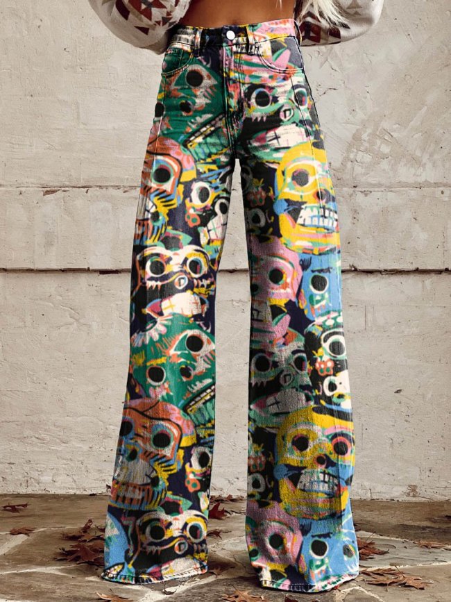 Women's Color Skull Casual Wide Leg Pants