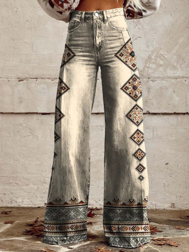Geometric Decoration Print Casual Wide Leg Pants