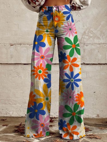 Women's Daisy Print Casual Wide Leg Pants