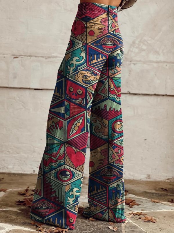Women's Colorful Geometric Abstraction Print Casual Wide Leg Pants