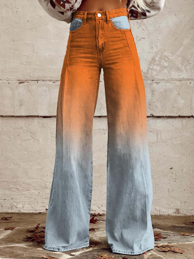 Women's Orange Light Blue Print Casual Wide Leg Pants