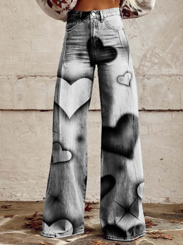 Women's Print Casual Wide Leg Pants Silver-grey Heart Print
