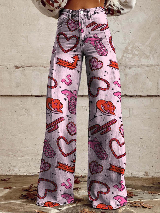 Women's Cowgirl Race Print Casual Wide Leg Pants