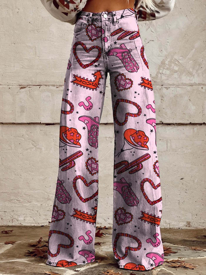 Women's Cowgirl Race Print Casual Wide Leg Pants