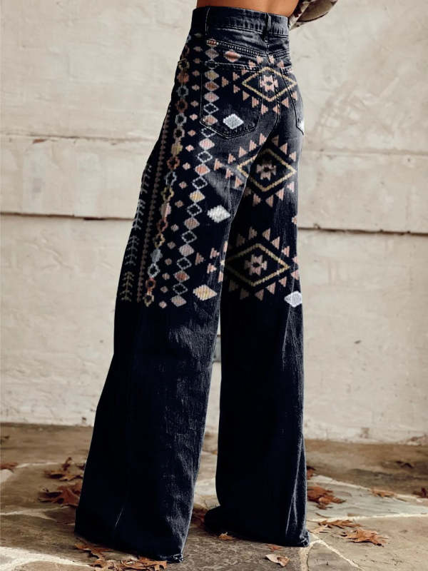 Geometric Decoration On Black Background Print Casual Wide Leg Pants