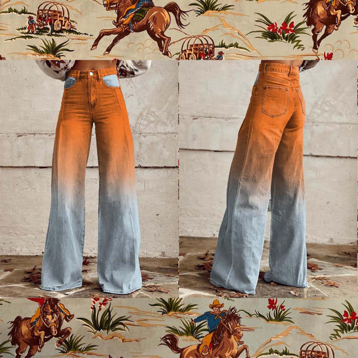 Women's Orange Light Blue Print Casual Wide Leg Pants