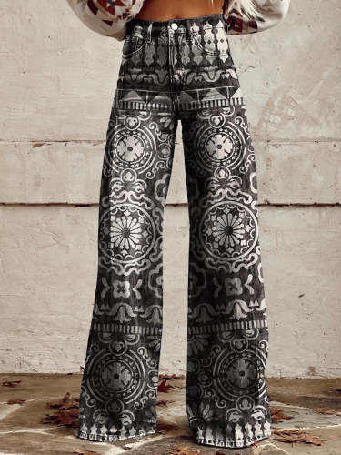 Women's Black and White Geometry Print Casual Wide Leg Pants