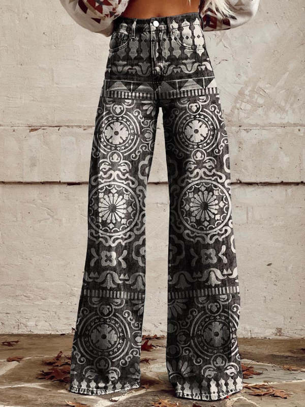Women's Black and White Geometry Print Casual Wide Leg Pants