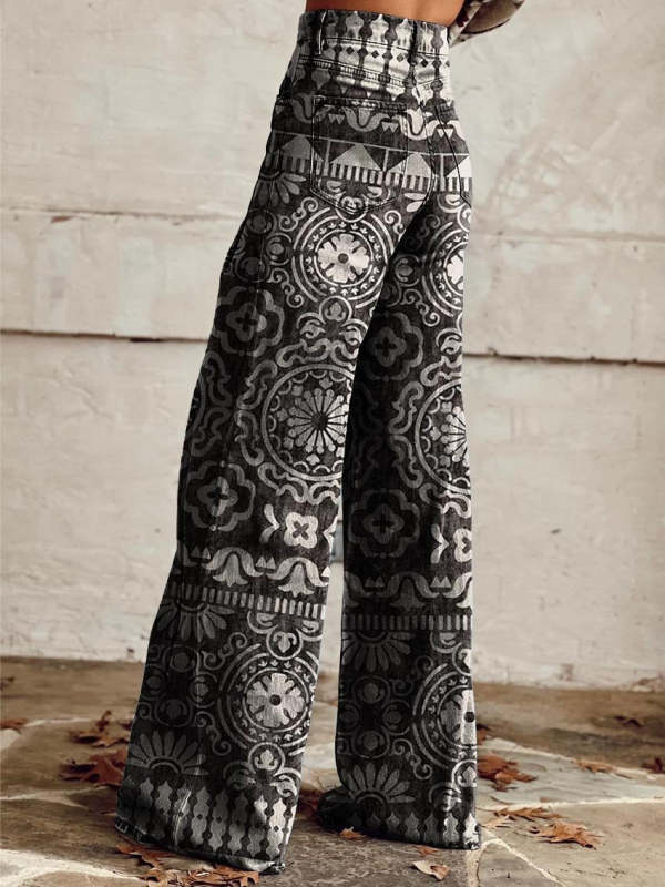 Women's Black and White Geometry Print Casual Wide Leg Pants