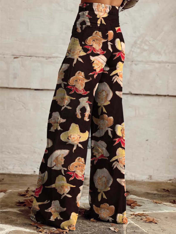 Women's Cowboy Race Print Casual Wide Leg Pants