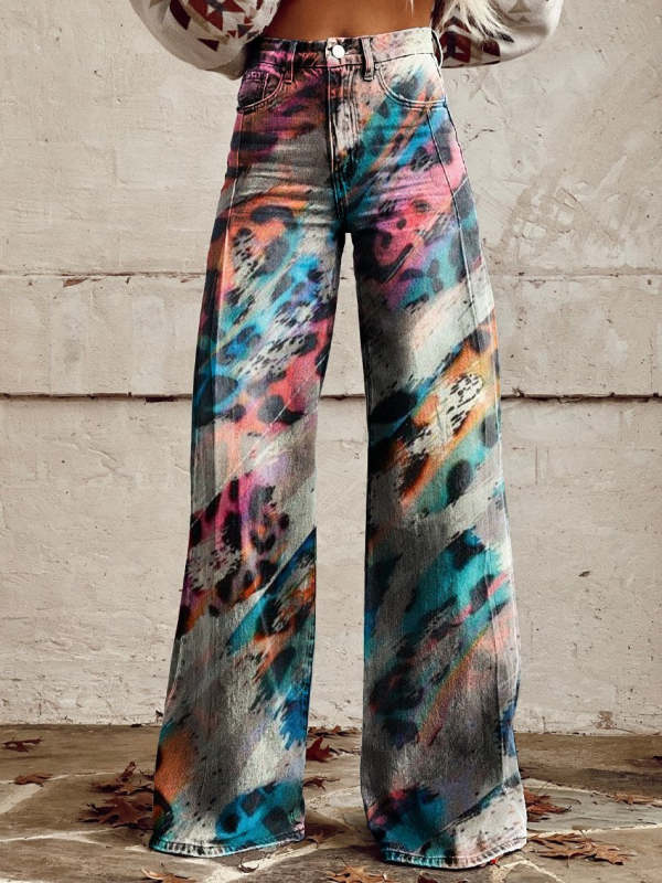 Colorful Leopard Print Women's Print Casual Wide Leg Pants