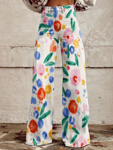 Women's Vintage Flower Print Casual Wide Leg Pants