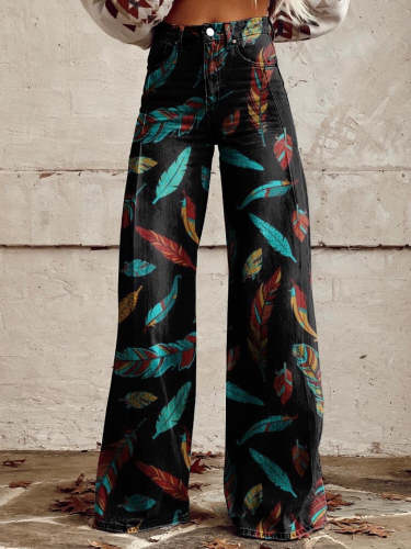 Women's Color Feather Black Bottom Print Casual Wide Leg Pants