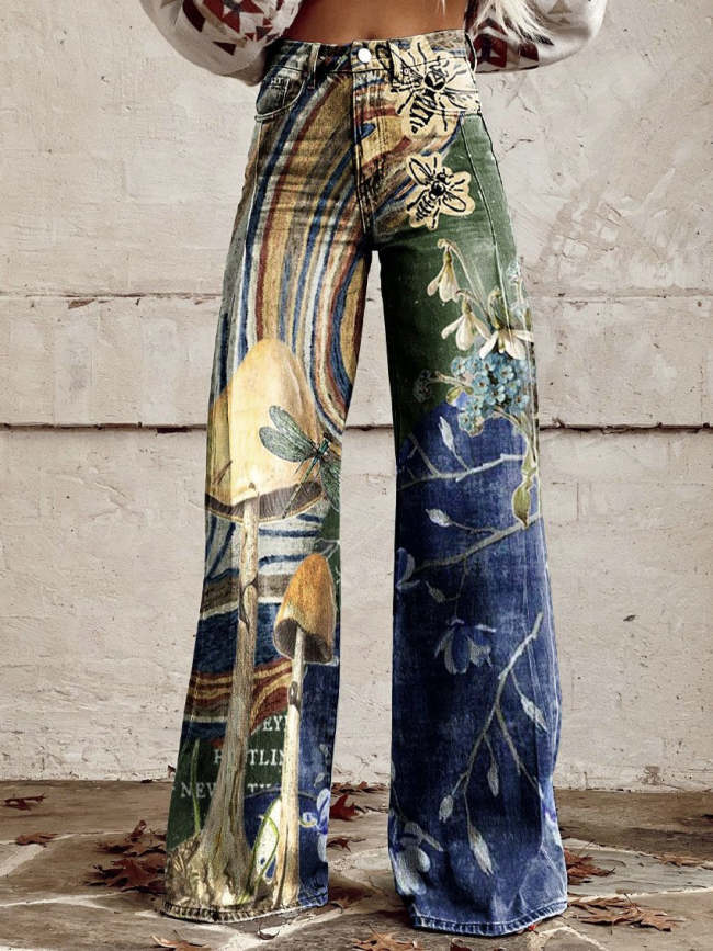 Women's Vintage Flowers Print Casual Wide Leg Pants