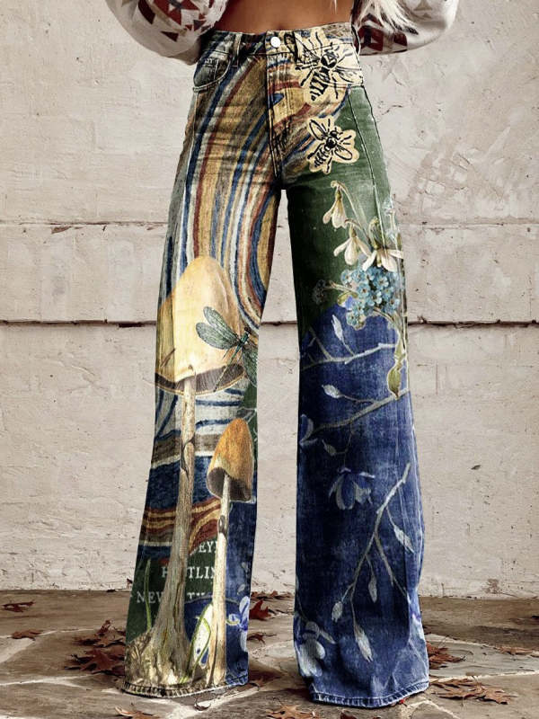 Women's Vintage Flowers Print Casual Wide Leg Pants