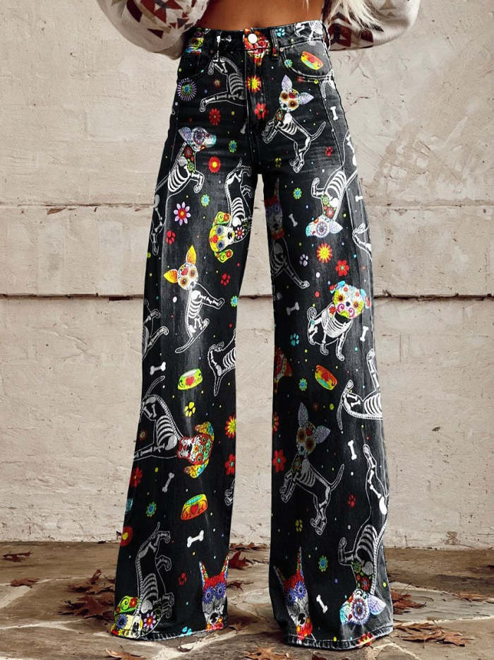 Women's Vintage Funny Dog Print Casual Wide Leg Pants
