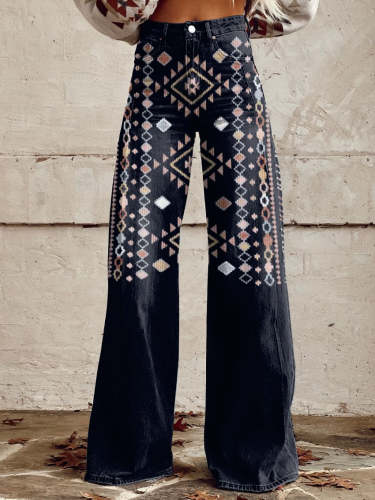 Geometric Decoration On Black Background Print Casual Wide Leg Pants