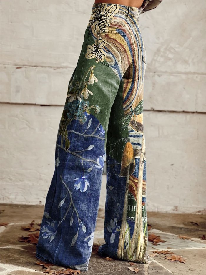Women's Vintage Flowers Print Casual Wide Leg Pants
