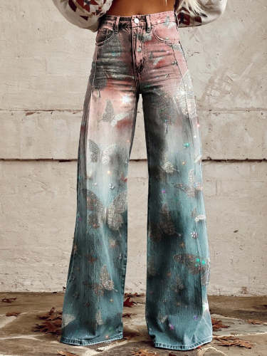 Women's Print Casual Wide Leg Pants Dreamy Butterfly Print