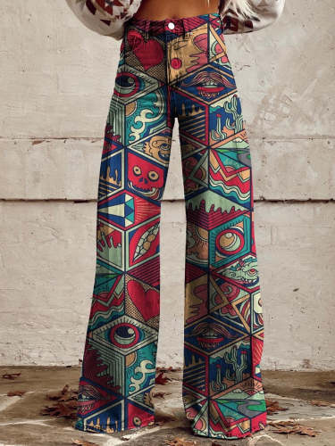 Women's Colorful Geometric Abstraction Print Casual Wide Leg Pants