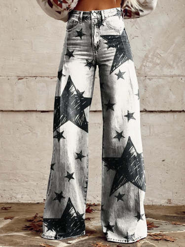 Black Shining Star Women's Print Casual Wide Leg Pants