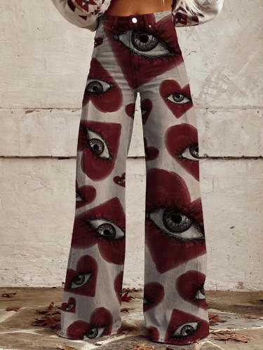 Women's Heart Eyes Print Casual Wide Leg Pants