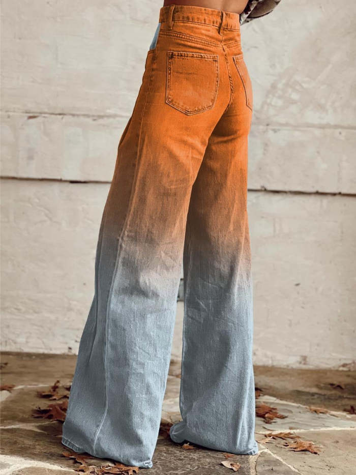 Women's Orange Light Blue Print Casual Wide Leg Pants