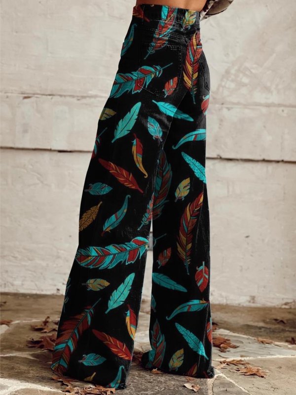 Women's Color Feather Black Bottom Print Casual Wide Leg Pants