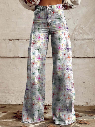 Women's Butterfly Repeat Pattern Printed Casual Wide Leg Pants