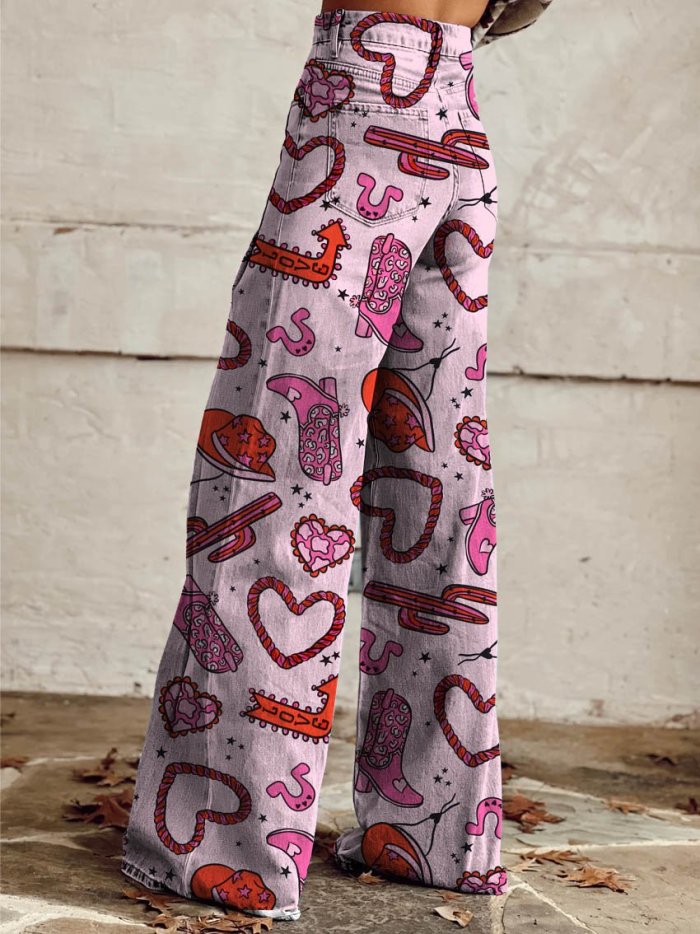 Women's Cowgirl Race Print Casual Wide Leg Pants