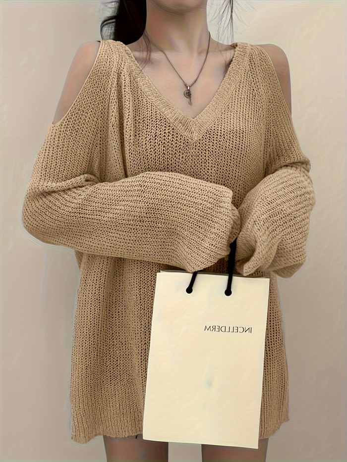 Y2K Long Sleeve Solid Color V Neck Pullover Sweater, Cut Out Knitted For Spring & Summer, Women's Clothing