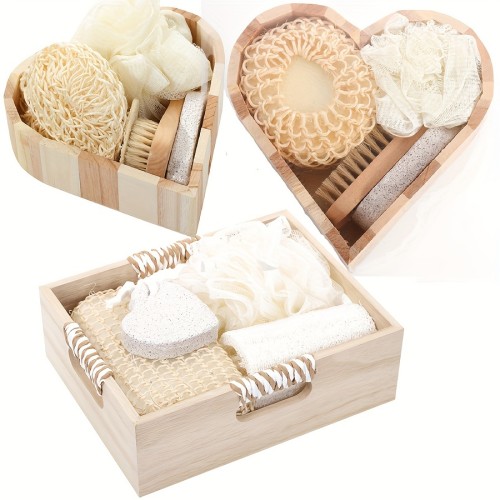 Wooden Bath Spa Gift Set, Heart & Barrel-Shaped Basket, Includes Loofah, Pumice Stone, Massager, And Brushes, Natural Relaxation & Body Care Kit For Home & Bathroom Decor