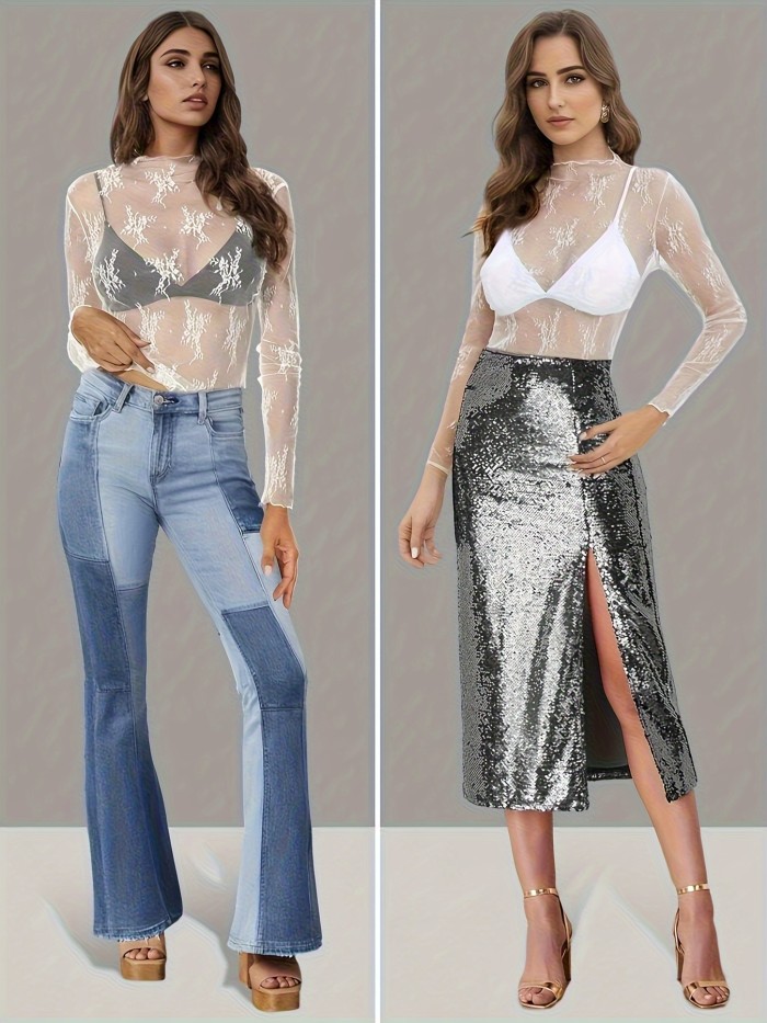 Mesh Mock Neck Sheer Top, Sexy Long Sleeve Slim Top For Spring & Summer - Women's Clothing - Breathable Mesh Fabric - For Women - Perfect for Casual & Party Occasions - Ideal Gift for Fashionable Women