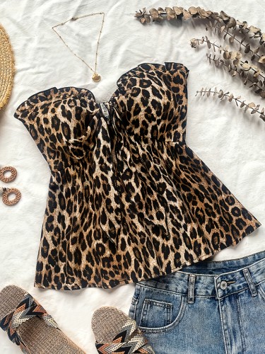 Elegant Leopard Print Ruffle Hem Blouse for Women, Summer Sleeveless Strapless Top with Lace-Up Detail and Bow Tie, 100% Polyester Woven Shirt