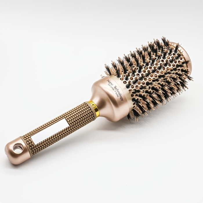 Luxurious Golden Ceramic Aluminum Round Brush for Women - High-Temperature Resistant, Nylon & Bristle Blend for All Hair Types, Big Wave Styling, Hair Comb