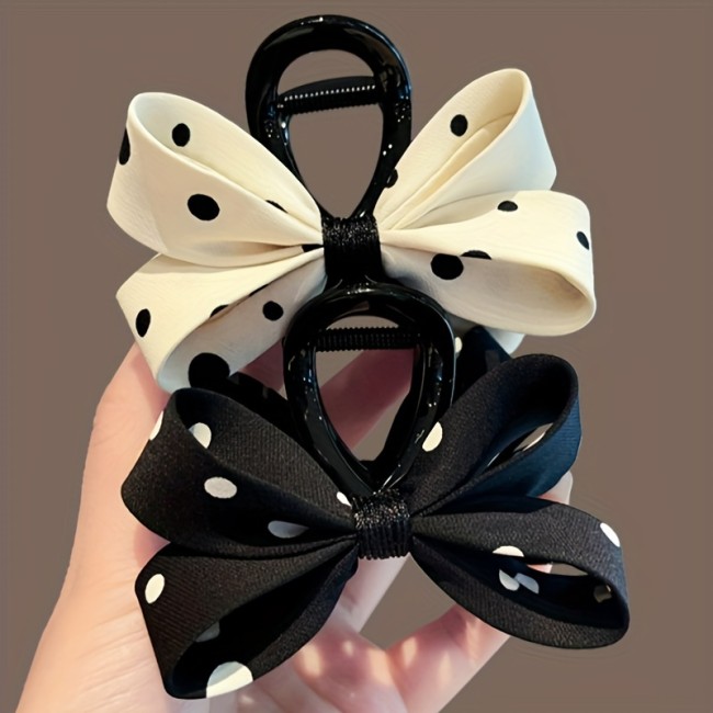 Elegant Black & White Polka Dot Bow Hair Claw - Vintage-Inspired Fabric Shark Clip for Women, Ideal for Date Night & Daily Wear