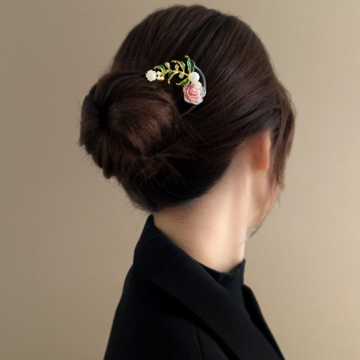 Elegant Wooden U-Shaped Hairpin with Floral Design - 5\