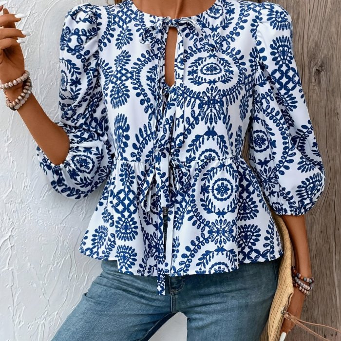 Machine Washable Polyester Print Blouse - Tie-Front Lantern Sleeves, Ruffle Hem - Perfect for Spring\u002FSummer\u002FFall
