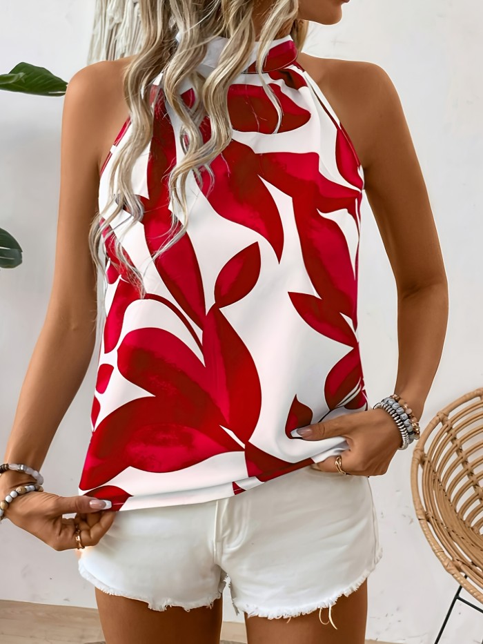 Women's Elegant Sleeveless Floral Print Blouse with Tie-Back Detail, Round Neck - Polyester, Machine Washable, Perfect for All Seasons, Casual Chic Top|Sleeveless Top|Polyester Fabric