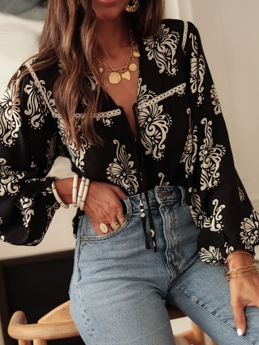 Spring\u002FSummer Printed V-Neck Tie Long Sleeve Shirt, Elegant Casual Top for Women
