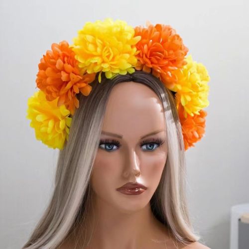 Ansuma Artificial Chrysanthemum Flower Crown Headband, Orange and Yellow Floral Headpiece for Day of the Dead Chrysanthemum Halloween Wedding Festival Cosplay Party (Orange & Yellow)