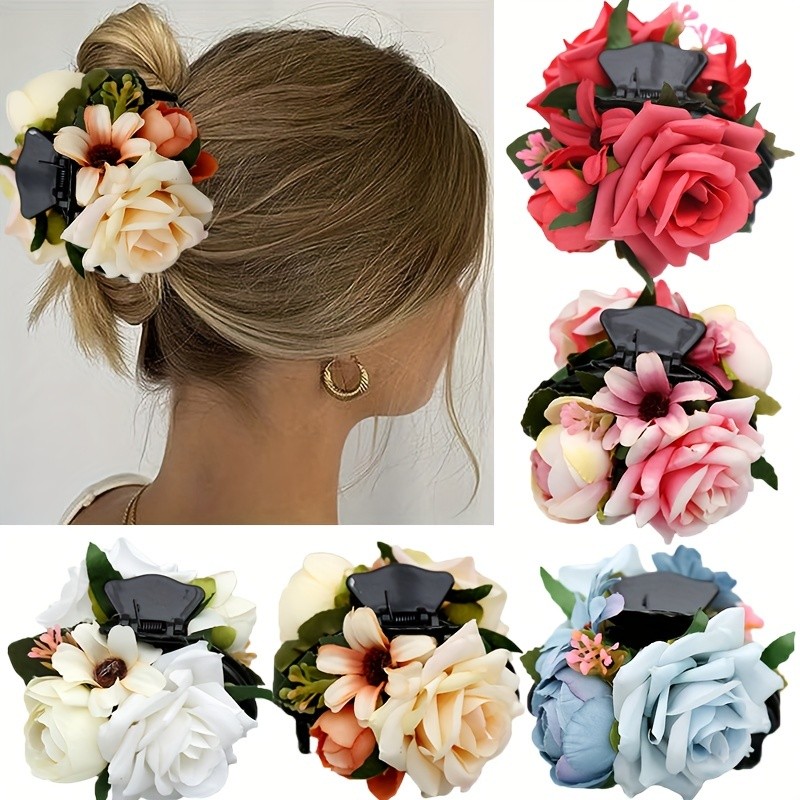 Flower Decor Hair Claw Clip Boho Sweet Hair Clips Non Slip Hair Accessories For Party Banquet Wedding Wear