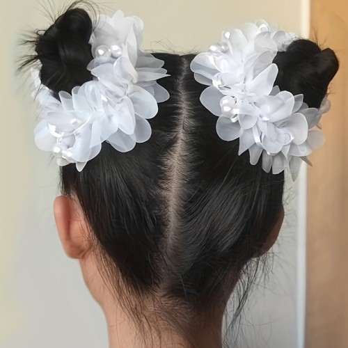 2pcs Toddler Girls Faux Pearl Flowers Decor Hair Tie -  Cute & Elegant Design - For Little Girls - Perfect for Everyday Wear & Special Occasions - Ideal Gift for Birthdays & Holidays